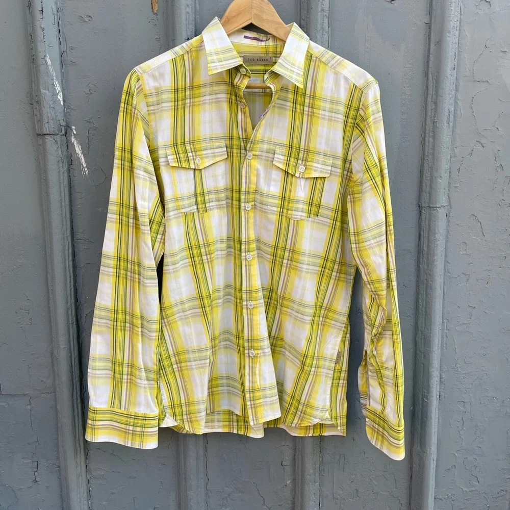 Ted Baker Yellow  plaid “parag” Buttondown, size Ted 3 (Medium)